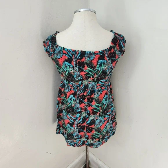Salty Lemon Tropical Palm Leaf Smocked Bodice Top Coral Teal Women Small - Picture 2 of 7